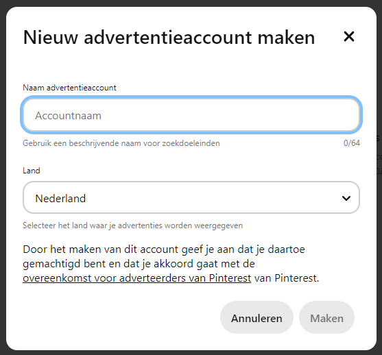 pinterest - nieuw advertentie account maken